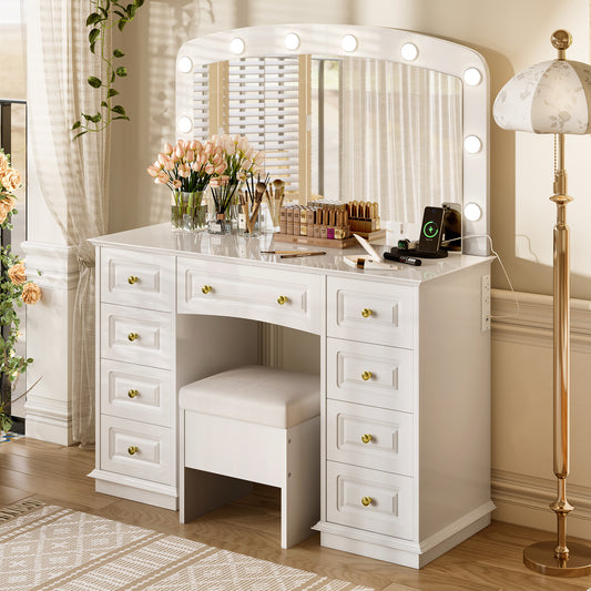 SESSLIFE Professional Makeup Vanity Desk with 10 Hollywood Lights and 9 Drawers, Vanity Table Set with Charging Station, Power Outlet/USB, Mirror and Upholstered Stool for Bedroom, White