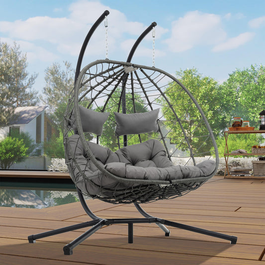 Double Egg Swing Chair with Stand, 2 Persons Hanging Egg Chair, 600LBS Capacity Indoor Outdoor Wicker Basket Oversized Hammock Chair for Backyard Balcony Bedroom, Gray Wicker+Gray Cushion