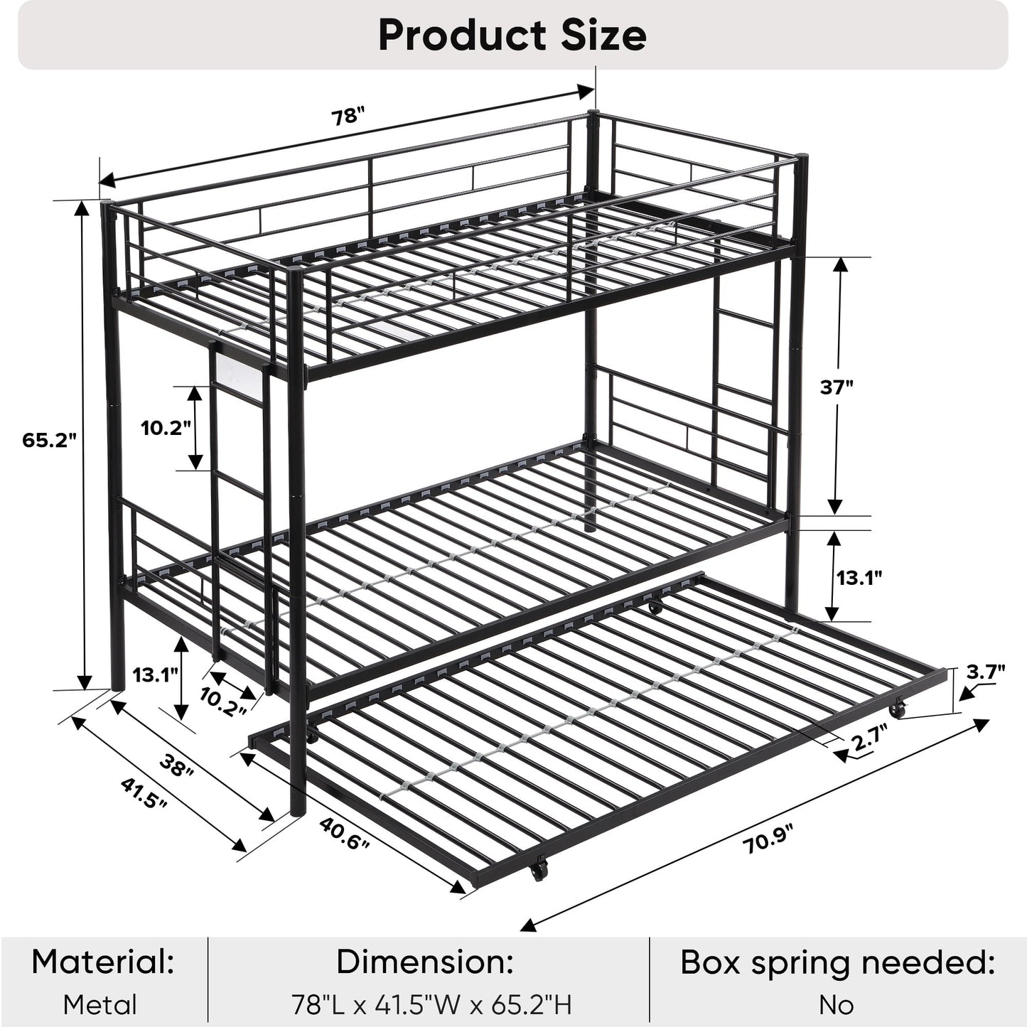 Twin Bunk Bed with Trundle, Metal Bed Frame Bunk Beds for Kids Teens Adult with Ladder and Safety Guardrails, Twin Over Twin Bunk Bed Can be Split into 3 Twin Bed, TE736