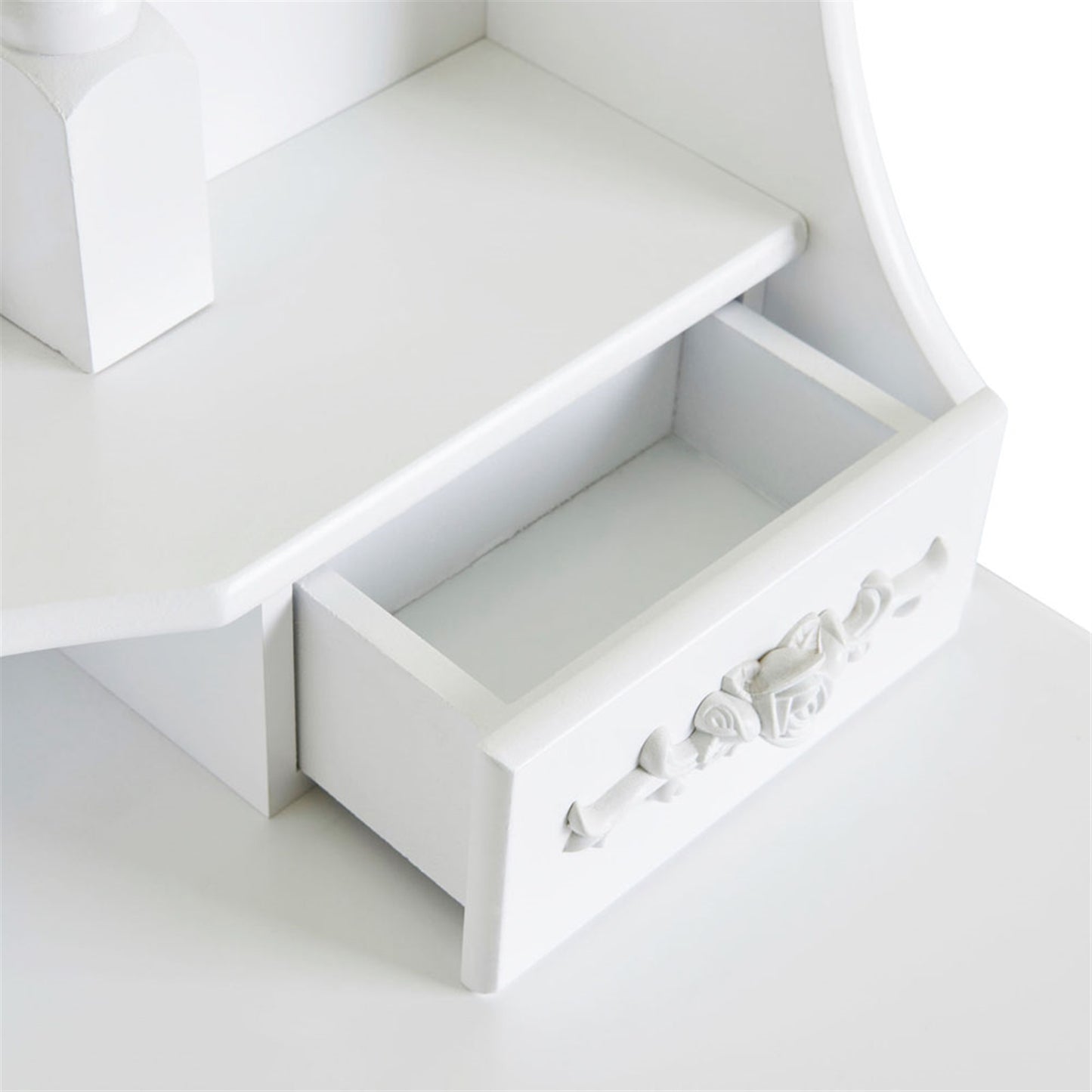 SESSLIFE Classic Vanity Desk with Stool and Mirror, White Dressing Table with 4 Drawers and Storage, Compact Makeup Vanity Desk for Small Space, Apartment, Bedroom