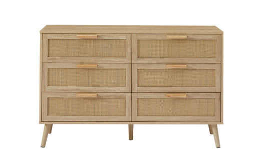 6 Drawer Dresser, Wood Dresser Organizer with 6 Rattan Drawers, Modern Chest of Drawers for Hallways, Kids Room, Living Room, Bedroom, Natural