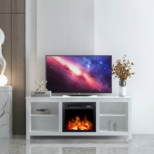 Sesslife Electric Fireplace TV Stand for TV's up to 65 Inches, Modern Farmhouse Entertainment Center with Storage Shelves, White