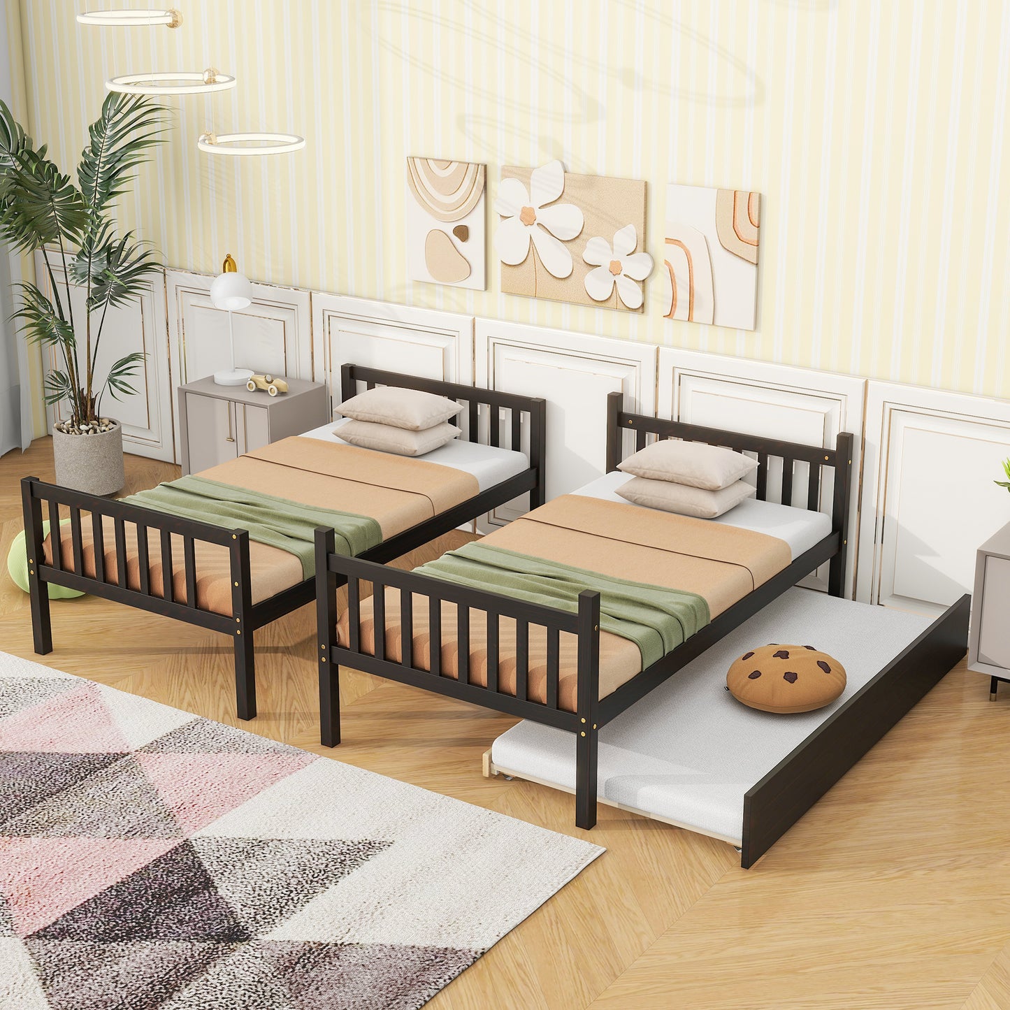 Sesslife Twin Over Twin Bunk Bed with Trundle, Wood Twin Over Twin Convertible Bunk Bed with Guardrails, Ladder, Bunk Bed for Kids, Dorm, Bedroom, White