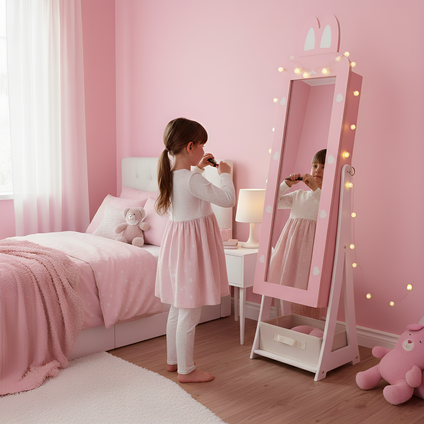 SESSLIFE Pink Vanity Mirror Storage Cabinet, Bunny Accent Makeup Mirror with Door and Fabric Drawer, Slim Jewelry Organizer for Bedroom, MDF Finish