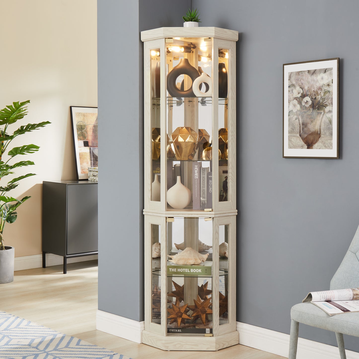 SESSLIFE 70" Lighted Corner Curio Cabinet with Mirrored Back, 5 Tempered Glass Shelves Adjustable, Anti-Tip Device Tall Glass Display Cabinet for Collectibles, Easy Assembly, Black