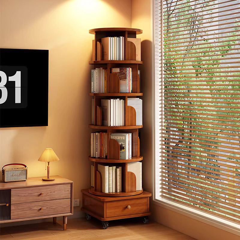 SESSLIFE 6 Tier Rotating Bookshelf, 360° Spinning Corner Bookcase for Small Space, Tall Narrow Wood Book Storage with Wheels, Space Saving Organizer for Living Room, Walnut
