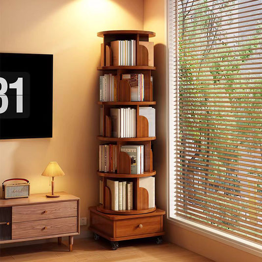 SESSLIFE 6 Tier Rotating Bookshelf, 360° Spinning Corner Bookcase for Small Space, Tall Narrow Wood Book Storage with Wheels, Space Saving Organizer for Living Room, Walnut