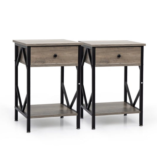 SESSLIFE Set of 2 Bedside Table, End Table with Drawer, Storage Side Table with Open Shelf, 2-Tier Nightstand for Bedroom Living Room, Rustic Accent Table with Steel Frame, Gray, X2360