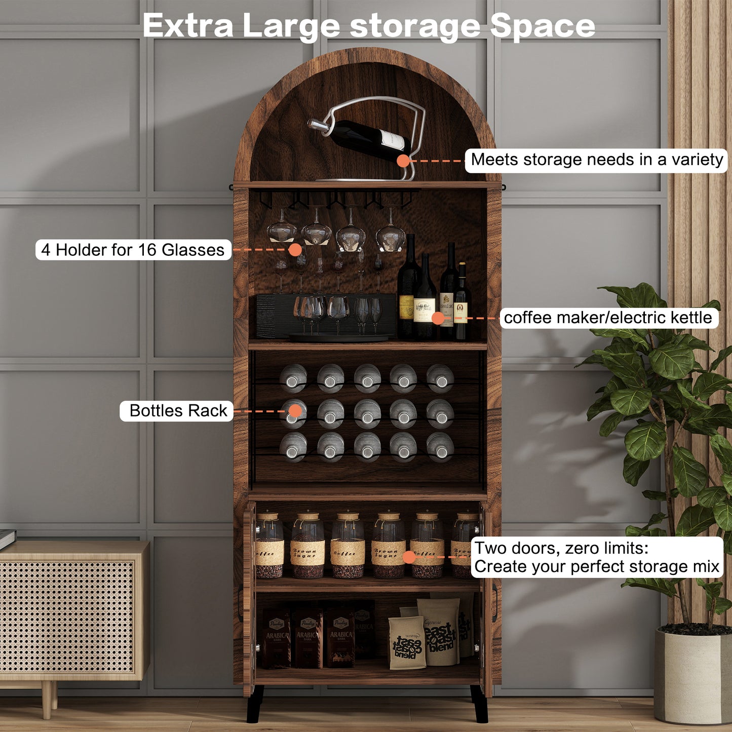 SESSLIFE 71 Inch Pantry Cabinet with Wine Rack and Glass Holder, Arched Black Design for Coffee Bar and Whiskey Corner, Freestanding Storage for Dining Room, Brown Oak