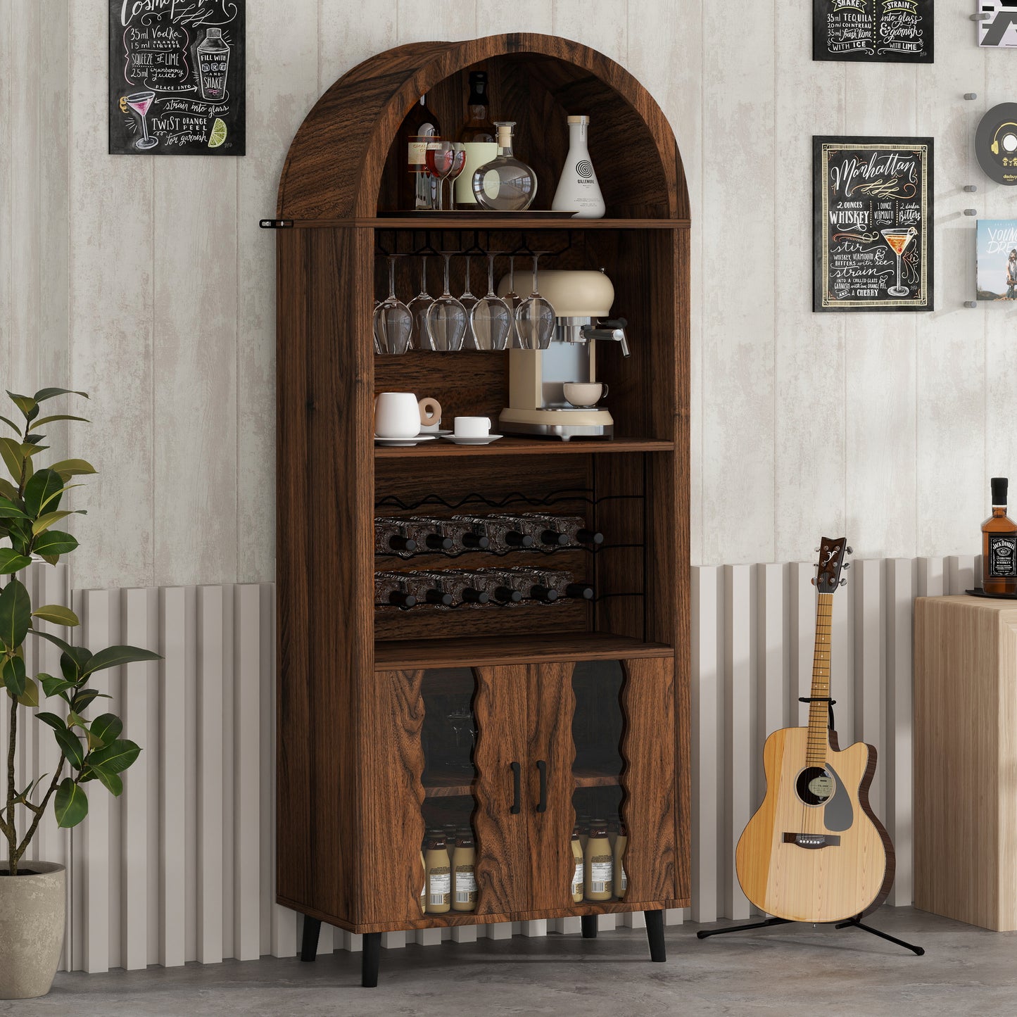 SESSLIFE 71 Inch Pantry Cabinet with Wine Rack and Glass Holder, Arched Black Design for Coffee Bar and Whiskey Corner, Freestanding Storage for Dining Room, Brown Oak