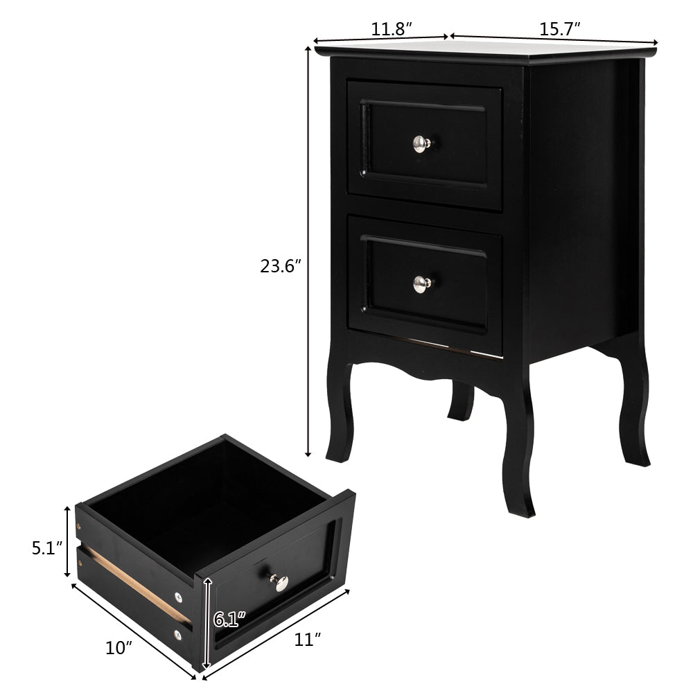 SESSLIFE Set of 2 Nightstand 2 Drawers End Table Storage Wood Cabinet Bedroom Accent Side Table (Black)