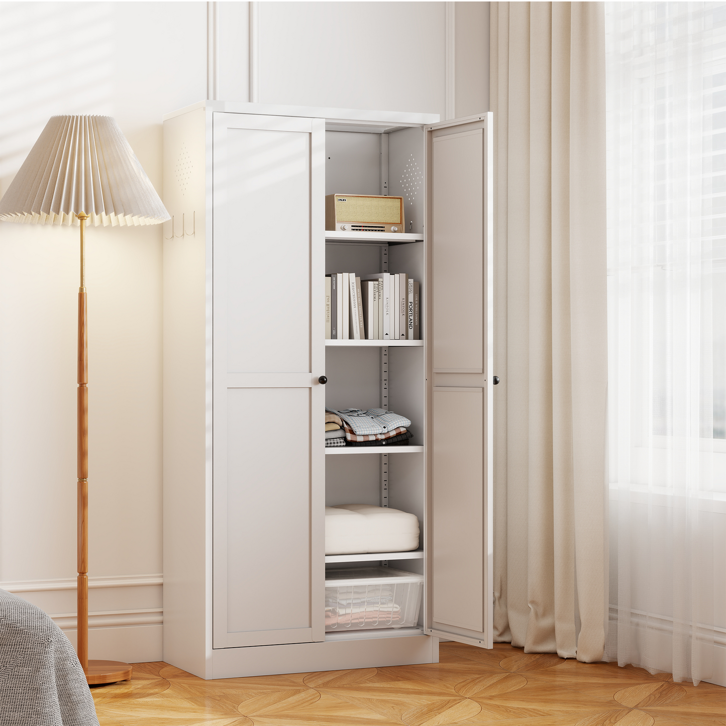 SESSLIFE 61" Modern Farmhouse Pantry Cabinet with Adjustable Shelves, Heavy-Duty White Metal Freestanding Organizer, Magnetic Closure and Anti-Tip for Kitchen/Pantry/Living Room