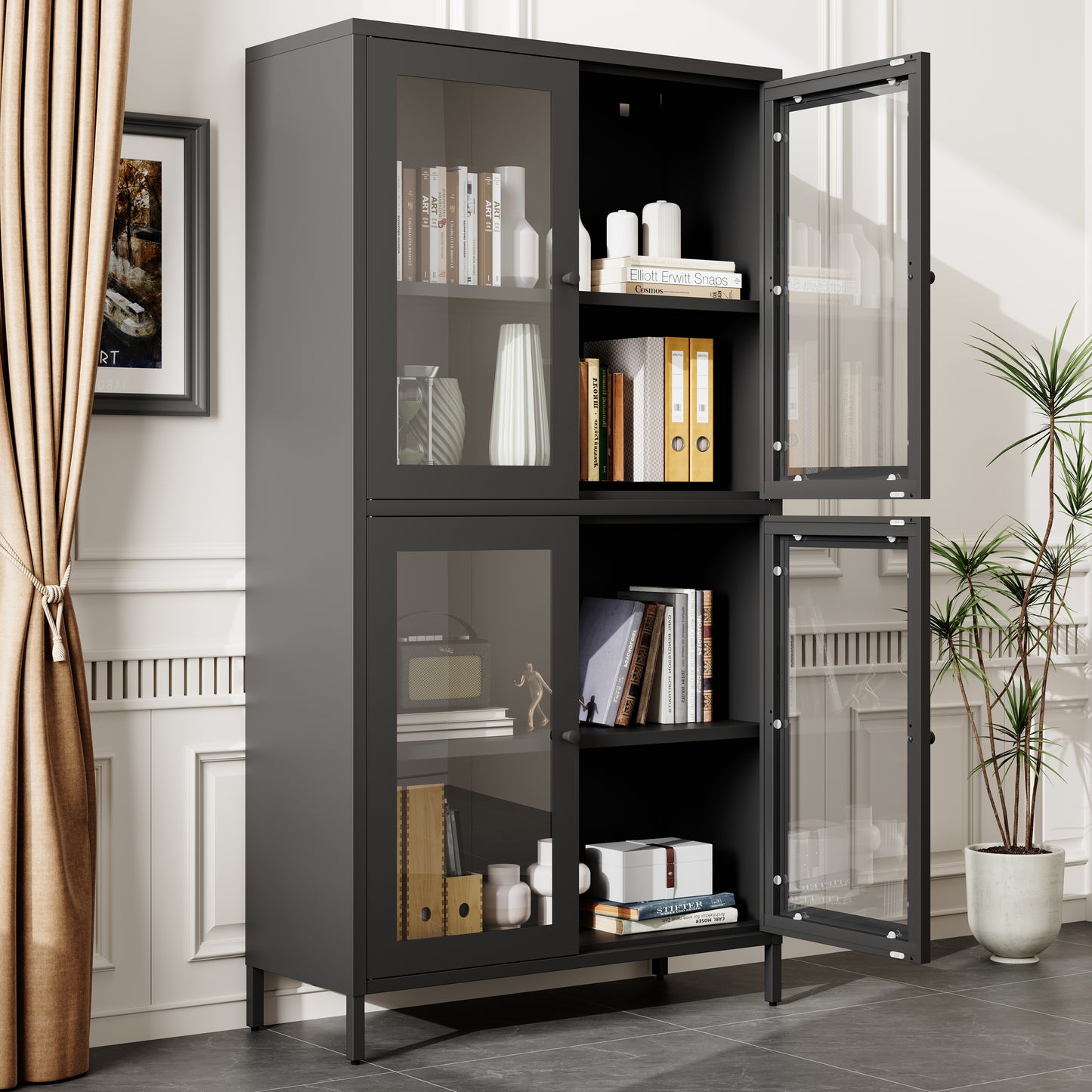 SESSLIFE 59” Classic Metal Storage Cabinet with Tempered Glass Doors and Adjustable Shelves, Freestanding Display Bookcase for Home Office, Living Room, Kitchen, Bedroom