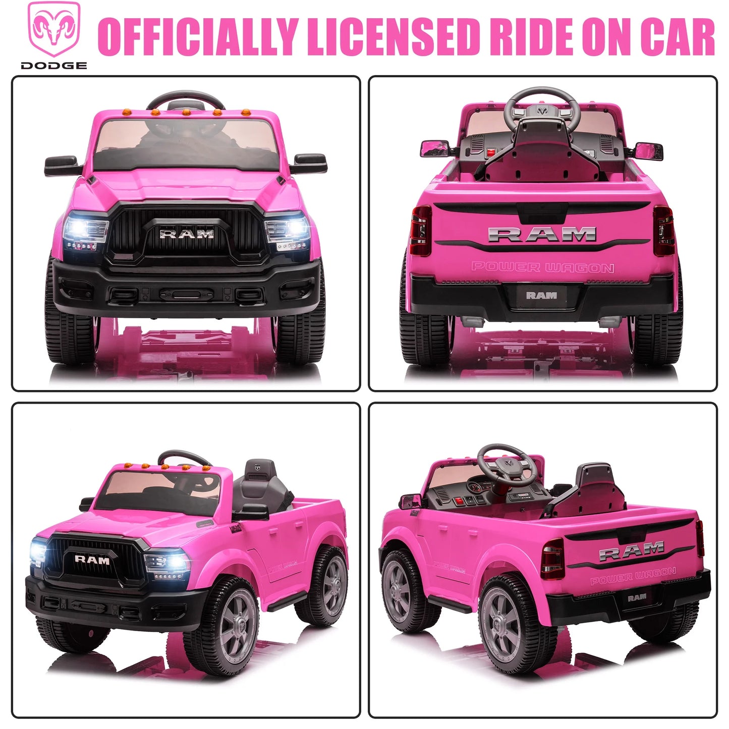 Ram Ride on Car Toys, 12V RAM 2500 Powered Ride on Toy Truck with Remote Control, Electric Car for Kids Girls 3-5 w/ Bluetooth, Rear Storage Trunk, Safety Belt, Rear Wheel Suspension, Pink
