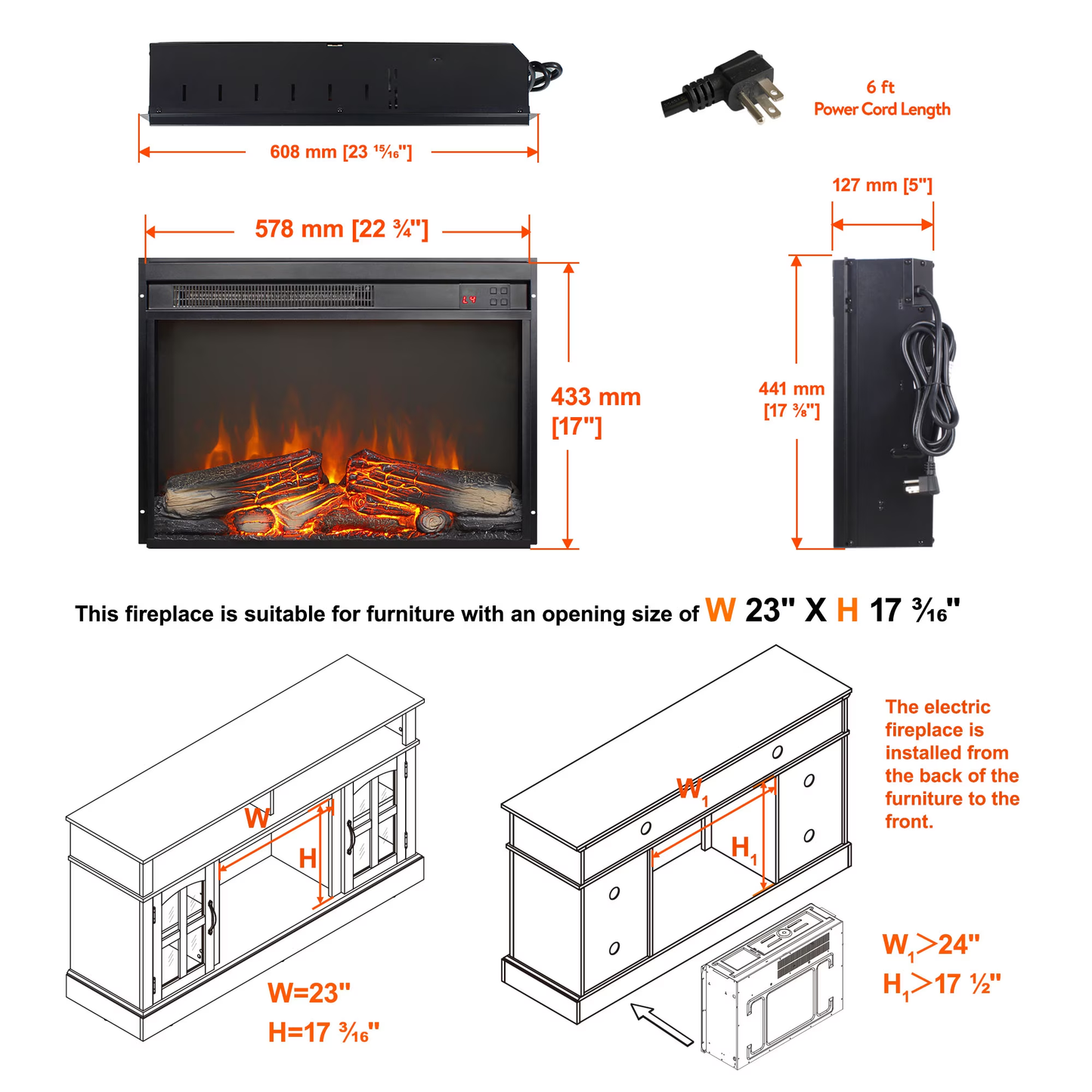 23" Electric Fireplace Insert, Wall Recessed 3D Electric Fireplace, 1400W Fake Fireplace Heater with Adjustable Flame and Timer