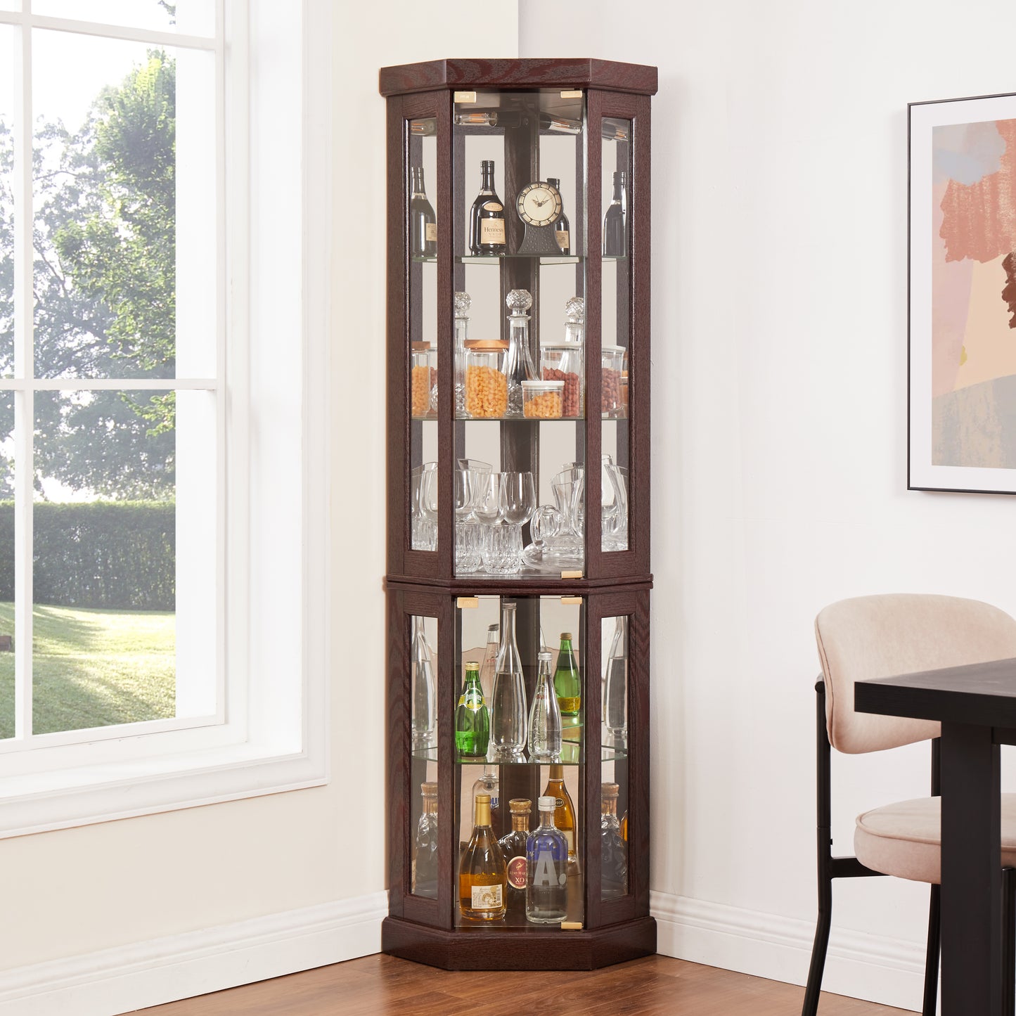 SESSLIFE 70" Lighted Corner Curio Cabinet with Mirrored Back, 5 Tempered Glass Shelves Adjustable, Anti-Tip Device Tall Glass Display Cabinet for Collectibles, Easy Assembly, White