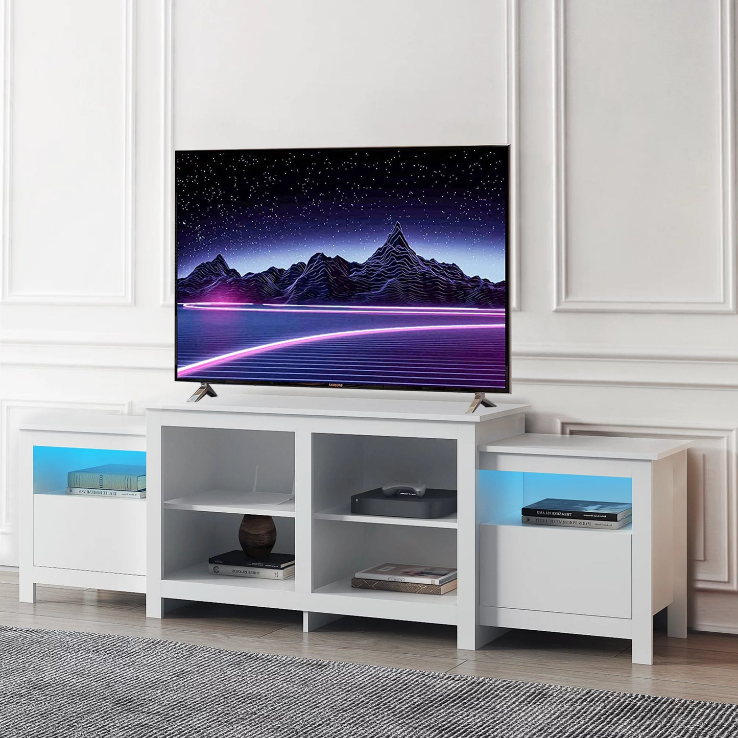 Sesslife Modern TV Stand for 80 Inch TV, White TV Cabinet with 16-color RGB LED Lights, Console Entertainment Center Television Table for Living Room or Bedroom