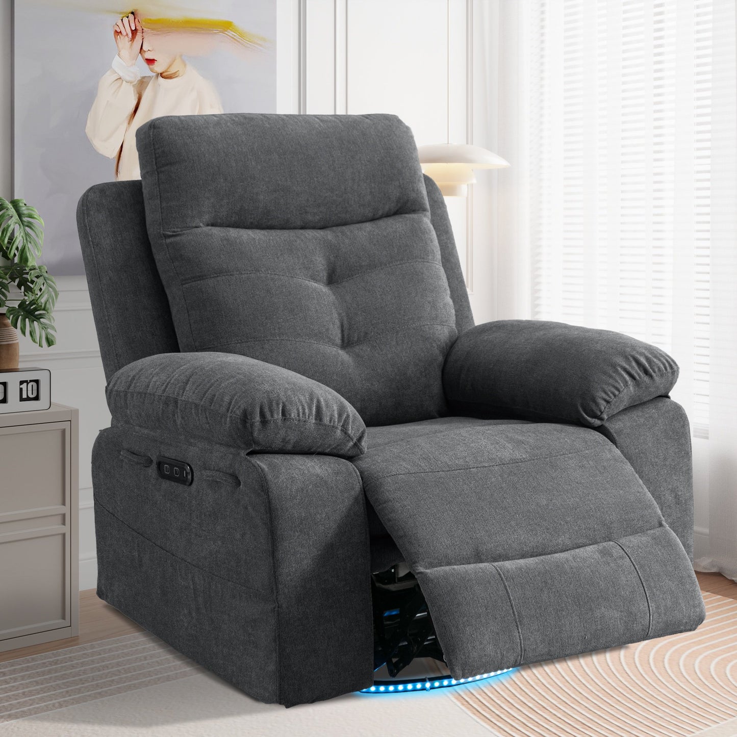 Sesslife Rocker Recliner Chair with LED Lights and Bluetooth Speaker, 270° Swivel Rocking Recliner with USB Charge Port and Side Pockets, Ergonomic Lounge Chair for Bedroom Living Room, Dark Gray