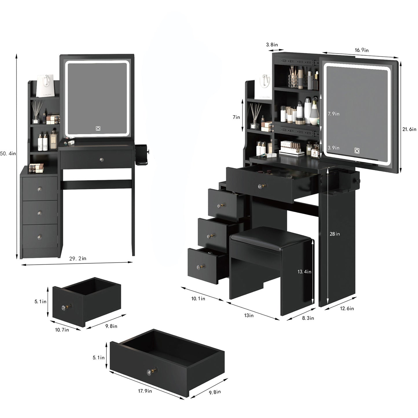 Makeup Vanity Set with Sliding LED Mirror, Vanity Table for Girls, Vanity Desk with Left Beside Cabinet and Cushioned Stool, 3 Color Lights, Black