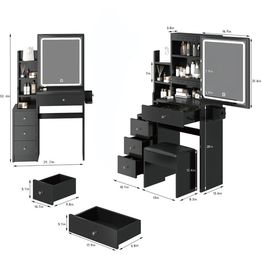 Makeup Vanity Set with Sliding LED Mirror, Vanity Table for Girls, Vanity Desk with Left Beside Cabinet and Cushioned Stool, 3 Color Lights, Black