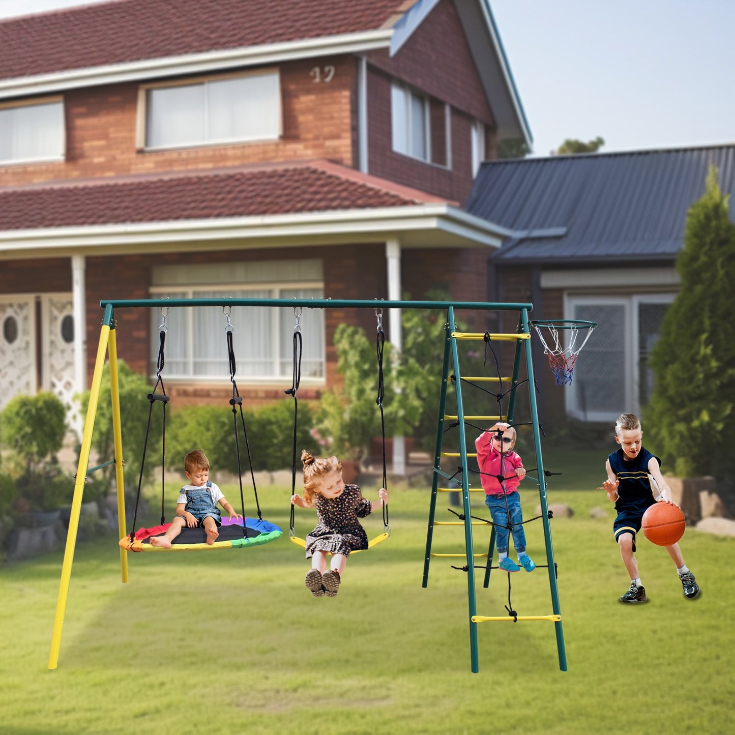 Metal Swing Set for Outside, Kids Backyard Swing Set with Swing Chair, Glider, Ground Nail, 3 In 1 Outdoor Swing Set