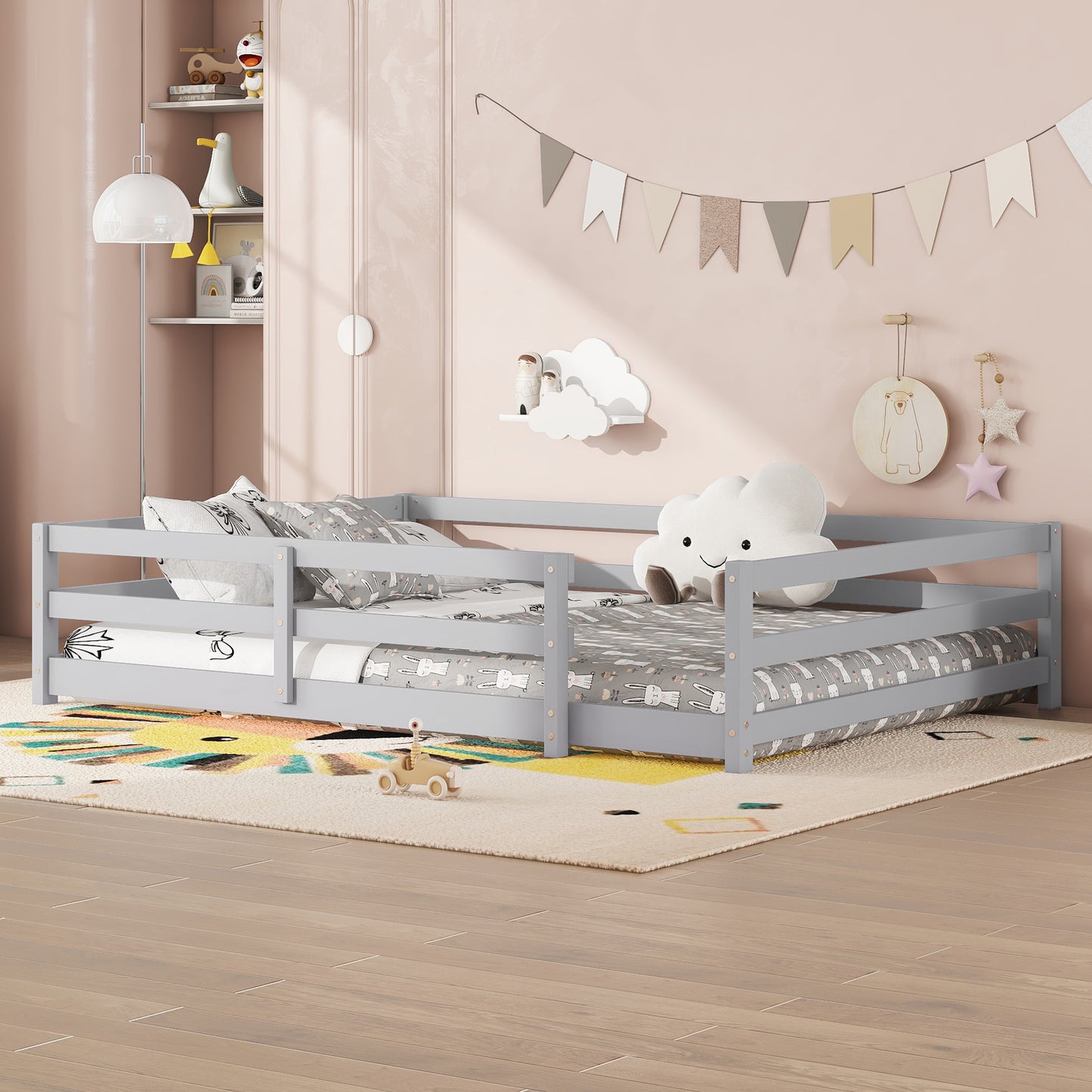Sesslife Twin Size Floor Bed with Door and Fence, Wood Twin Floor Platform Bed with Slats, Toddler Bed for Kids Boys Girls, Montessori Bed, No Box Spring Needed, Oak