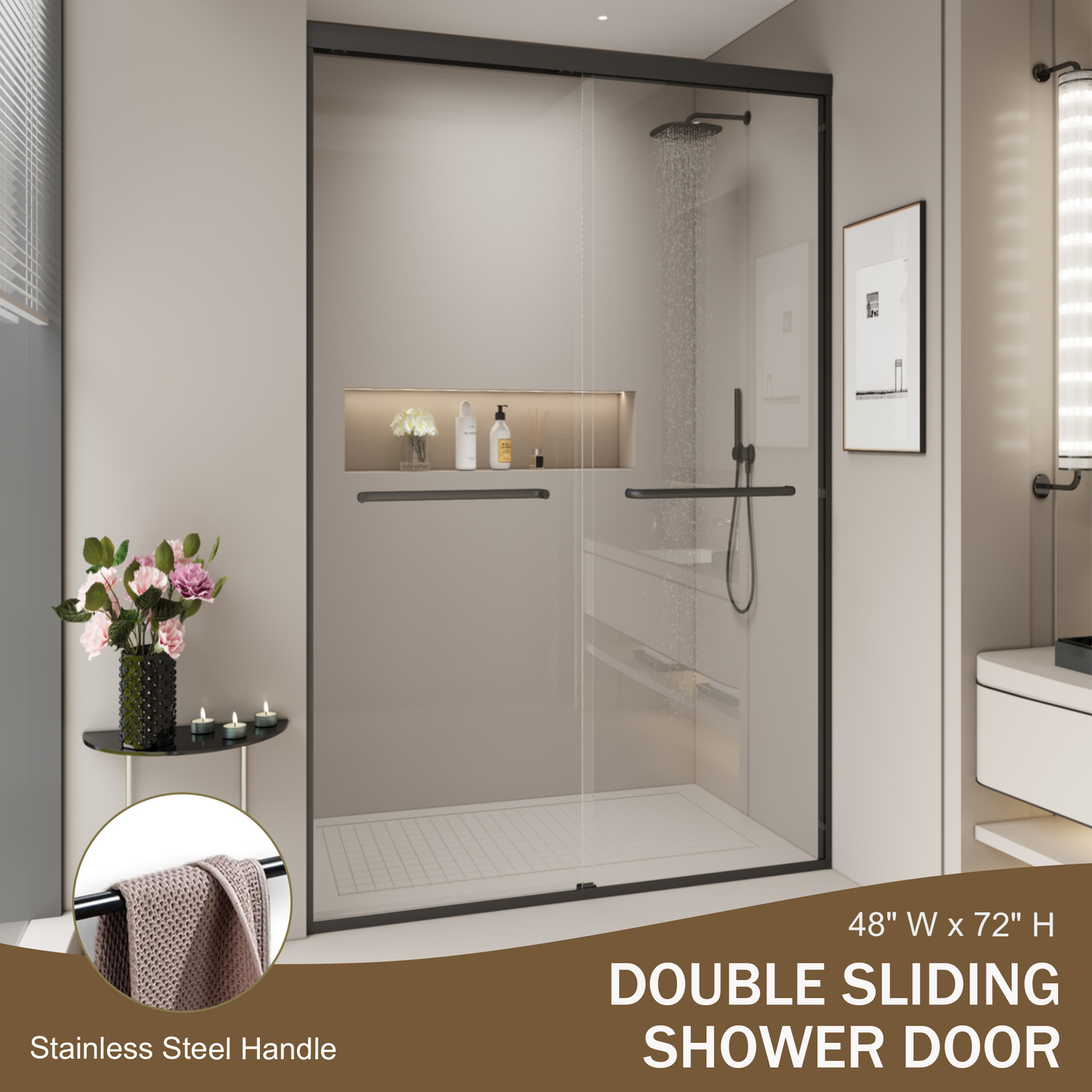 SESSLIFE Double Sliding Shower Door, Tempered Glass with Anti-Leak and Anti-Collision Design, Quiet Close Reversible Doors for Bathtub or Walk-In Shower, Easy to Clean, Matte Black