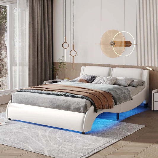 Sesslife Queen Size Bed Frame with LED Lights, Modern Upholstered Faux Leather Platform LED Bed Frame, Easy Assembly, Noise-Free(White)