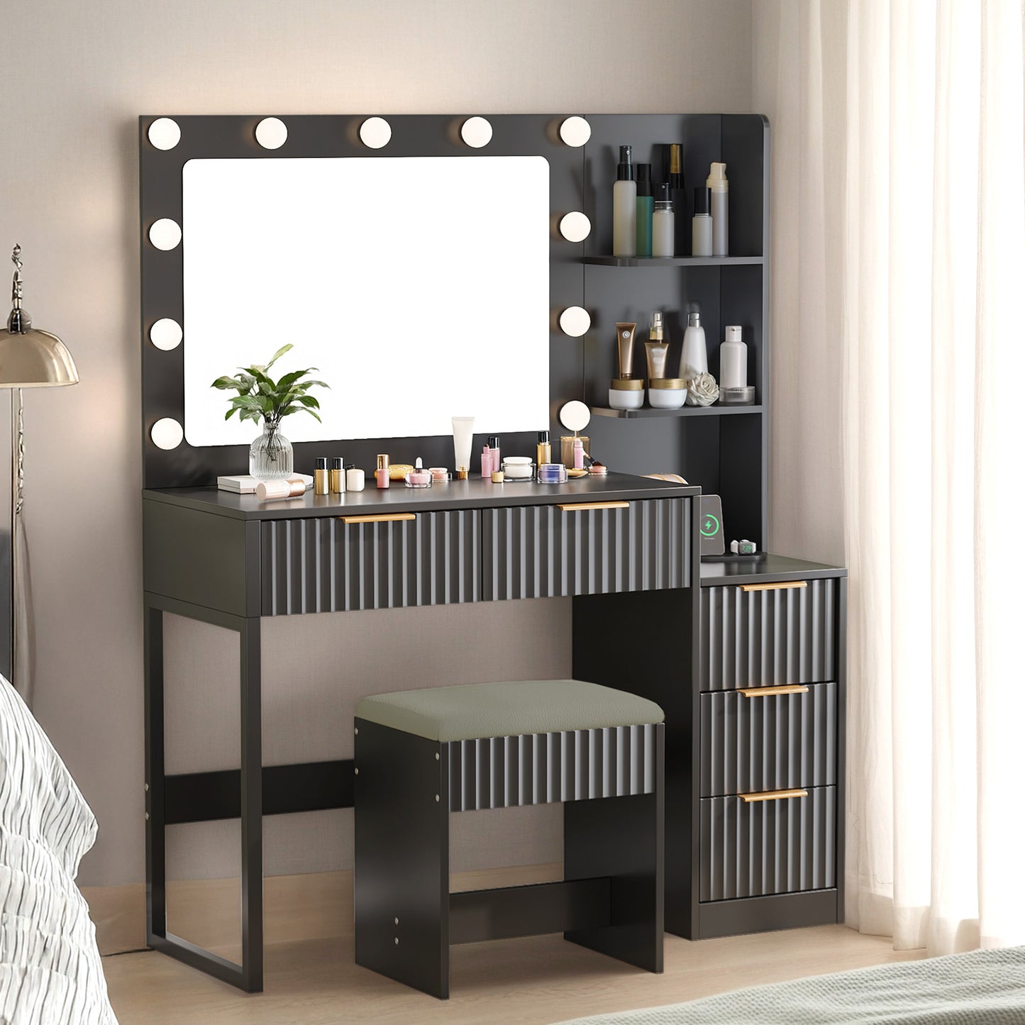 SESSLIFE Professional Lighted Vanity Desk with Mirror and Power Station, Space-Saving 5-Drawer Dressing Table, Adjustable 3-Color LED Makeup Vanity, Black