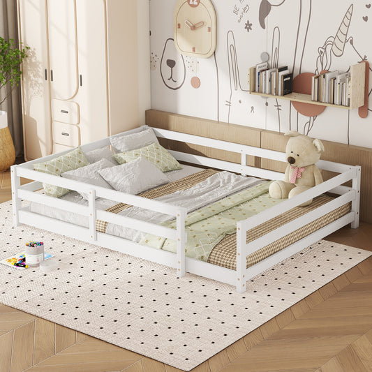 Sesslife Twin Size Floor Bed with Door and Fence, Wood Twin Floor Platform Bed with Slats, Toddler Bed for Kids Boys Girls, Montessori Bed, No Box Spring Needed, Oak