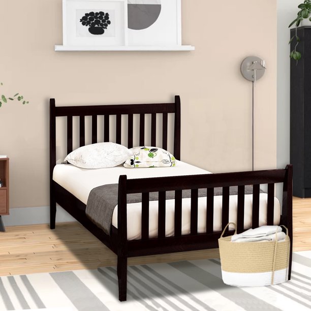 Twin Platform Bed, Sesslife Pine Wood Bed Frames with Headboard and Footboard, Twin Size Beds No Box Spring Needed, Modern Bed for Boys Girls Room, 80" L X 41.3" W X 40.4" H, Espresso