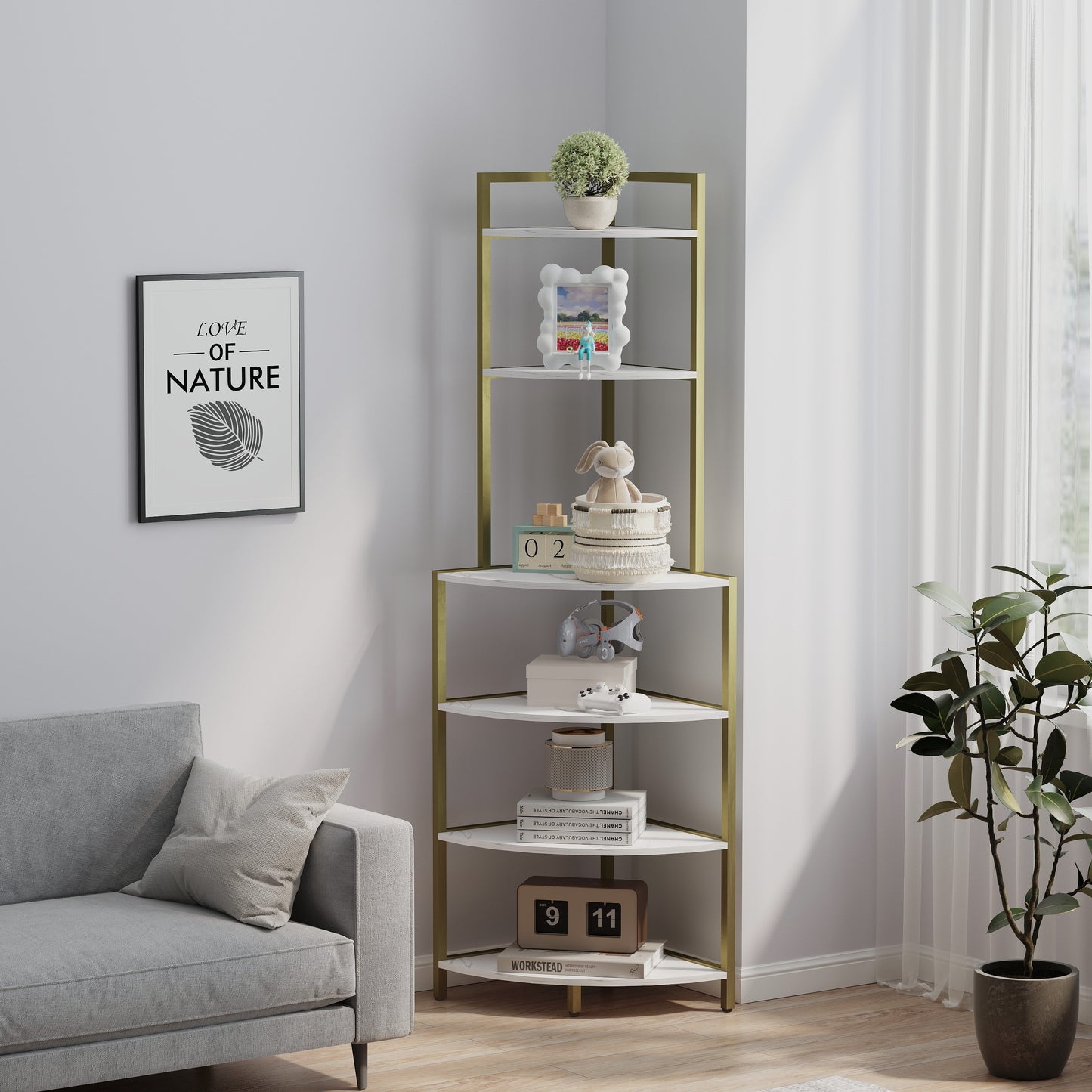 6 Tiers Corner Bookshelf, Wood Open Display Shelf with Metal Frame, Freestanding Small Corner Bookcase for Living Room, Home Office