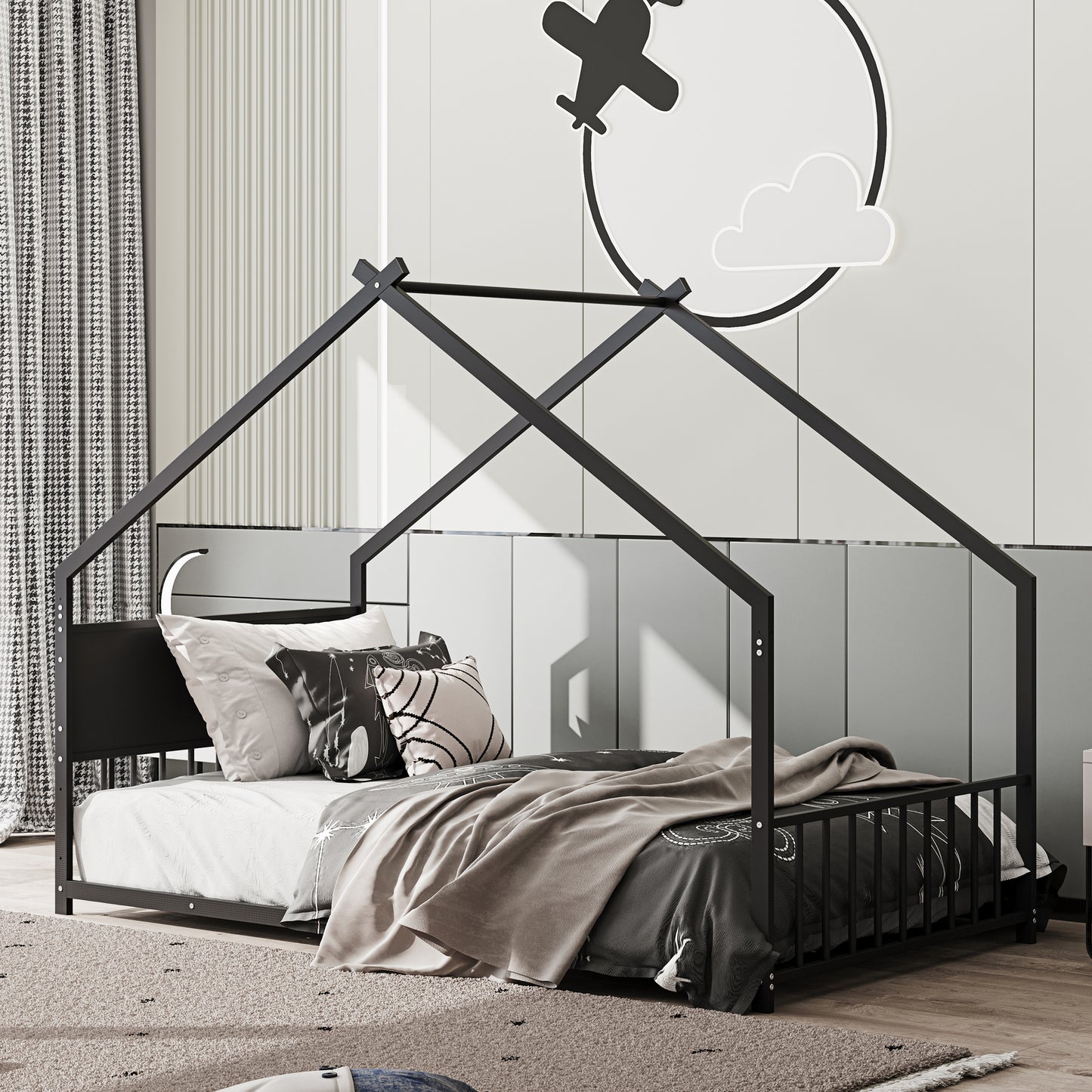 SESSLIFE Twin Size House Bed, Metal Floor Bed Frame with Roof and Guardrail, Montessori Floor Bed for Bedroom, House-shaped Design, No Box Spring Needed, Easy Assembly, White