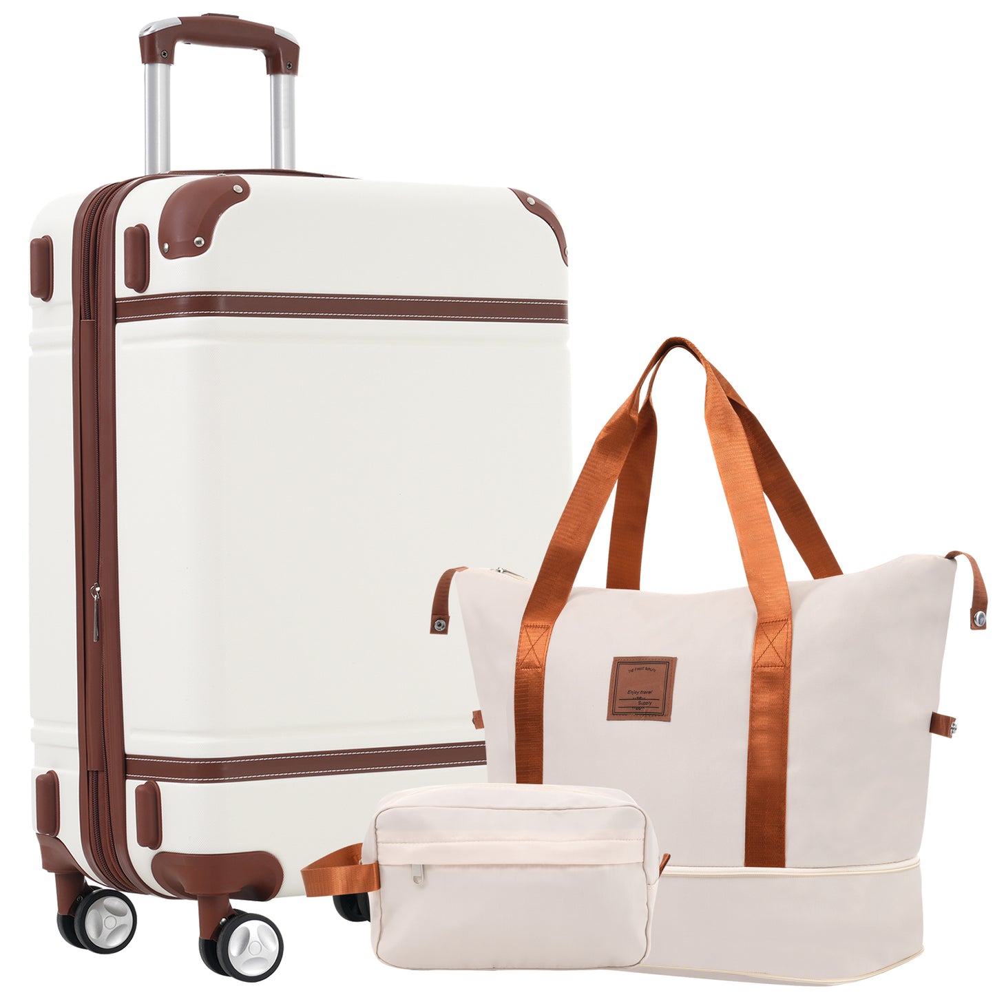 Hardshell Luggage Set, ABS Carry-on Suitcase with Double Spinner Wheels and TSA Lock, Modern 3 Piece Suitcase Set for Travel with 20” Vintage Luggage and 2 Bags, White