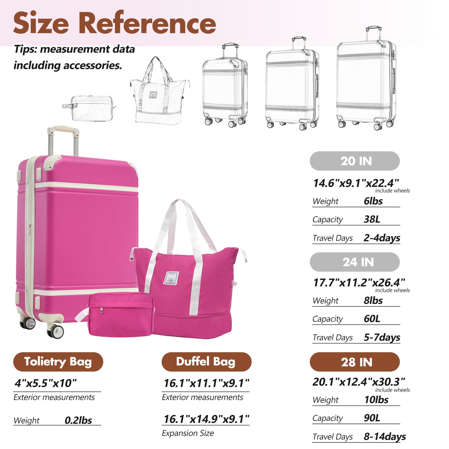 Hardshell Luggage Set, ABS Carry-on Suitcase with Double Spinner Wheels and TSA Lock, Modern 3 Piece Suitcase Set for Travel with 20” Vintage Luggage and 2 Bags, White