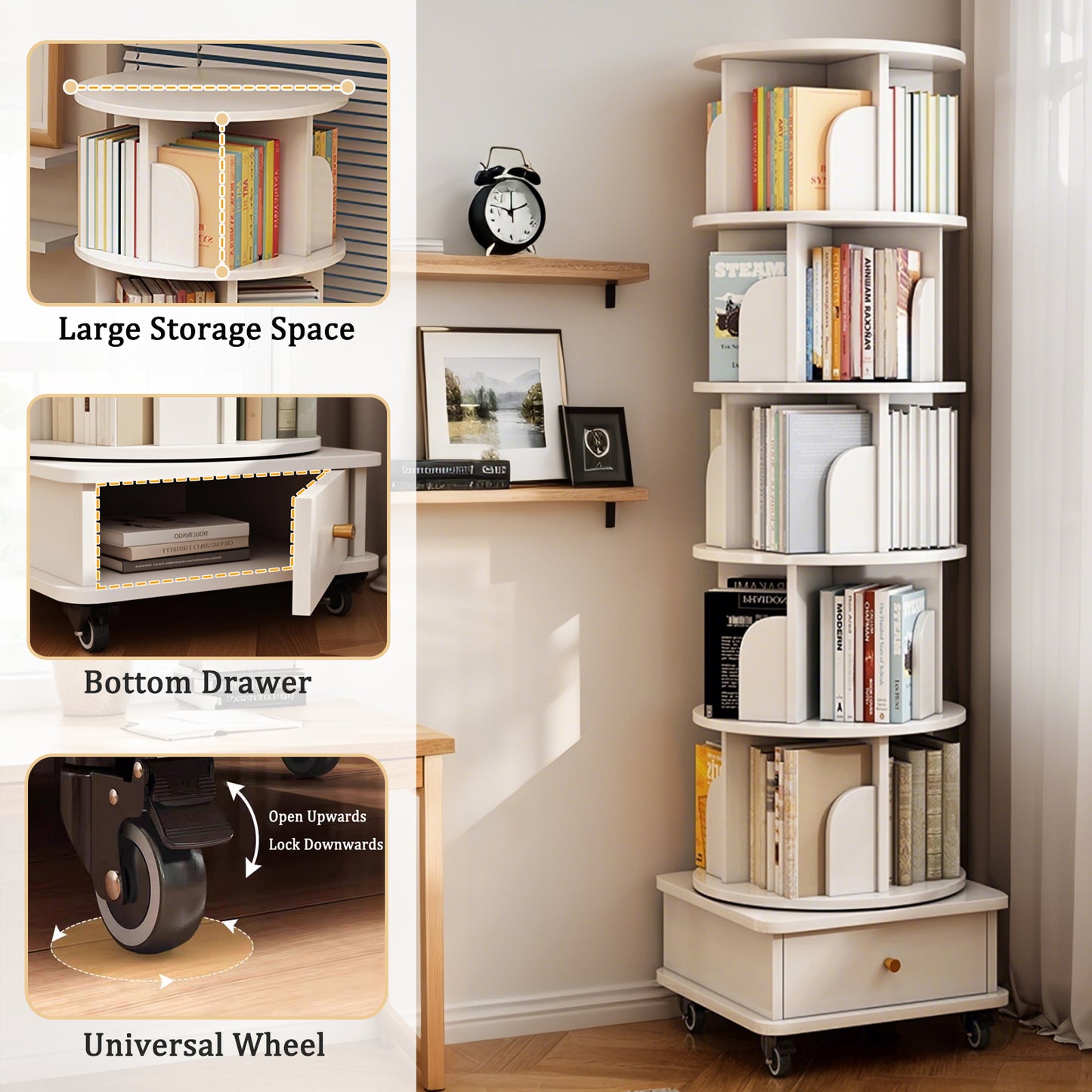 SESSLIFE 6 Tier Rotating Bookshelf Tower with Wheels and Drawer, 360° Spinning Bookcase for Small Spaces, Vertical Round Storage Shelf for Bedroom Living Room Office, White