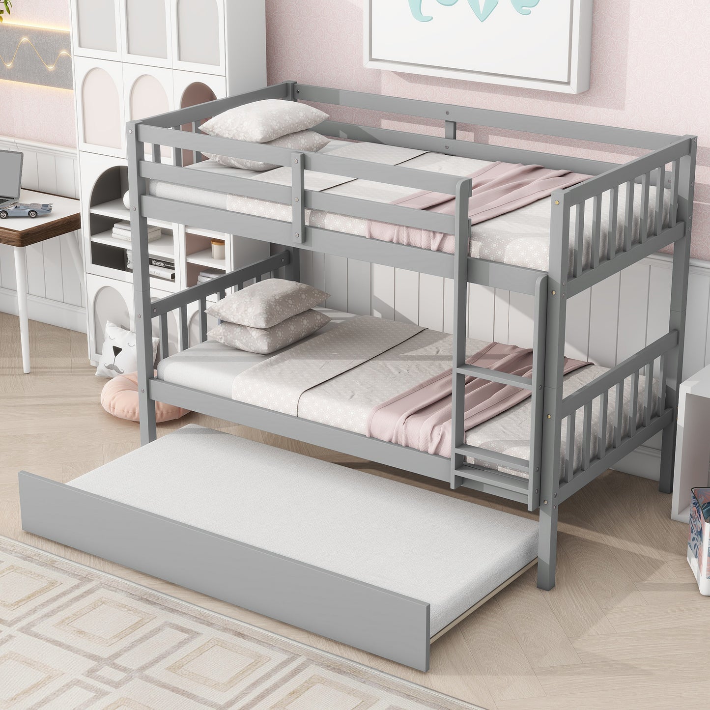 Sesslife Twin Over Twin Bunk Bed with Trundle, Wood Twin Over Twin Convertible Bunk Bed with Guardrails, Ladder, Bunk Bed for Kids, Dorm, Bedroom, White