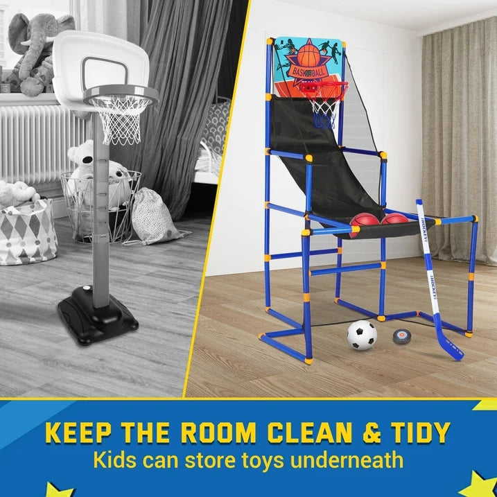 3 in-1 Kids Arcade Basketball Game & Hockey & Soccer, With 4 Basketball Balls, Football, Hockey, Hockey Stick, Pump, Electronic Scoreboard Sound for Toddlers, Basketball Goal for Kids Boys Girls