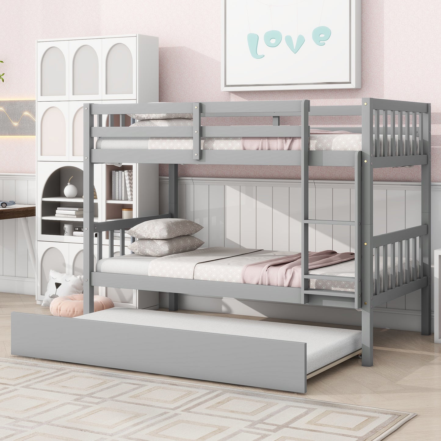 Sesslife Twin Over Twin Bunk Bed with Trundle, Wood Twin Over Twin Convertible Bunk Bed with Guardrails, Ladder, Bunk Bed for Kids, Dorm, Bedroom, White