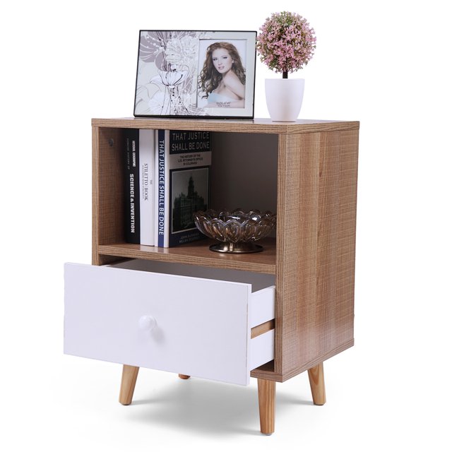 SESSLIFE Set of 2 Bedside Table, Modern Bedroom Wood Nightstand with Storage Drawer & Open Shelf, Low Foot End Table, Log Wood & White, X321