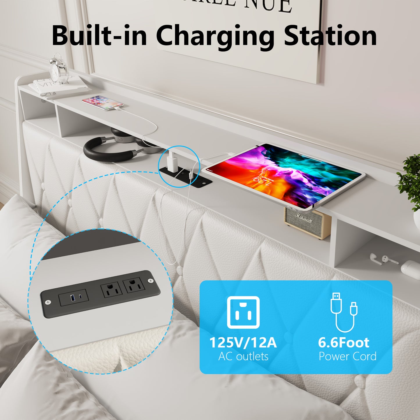 Full Bed Frame with Ergonomic Headboard, Metal & Wood Platform Bed with Charging Station and 4 Storage Drawers, Modern Full Size Upholstered Bed Frame, No Box Spring Needed, White
