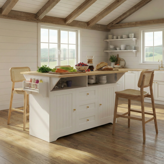 SESSLIFE Kitchen Island with Power Outlet, Large Rolling Kitchen Cart with Drop Leaf Table, Mobile Storage Kitchen Workstation with Drawers, White