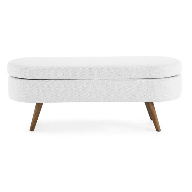 Sesslife White End of Bed Bench, Modern Upholstered Ottoman Bench Seat with Storage Space, Rubber Wood Legs, 43.5" Long Oval Storage Bench for Bedroom Living Room Entryway