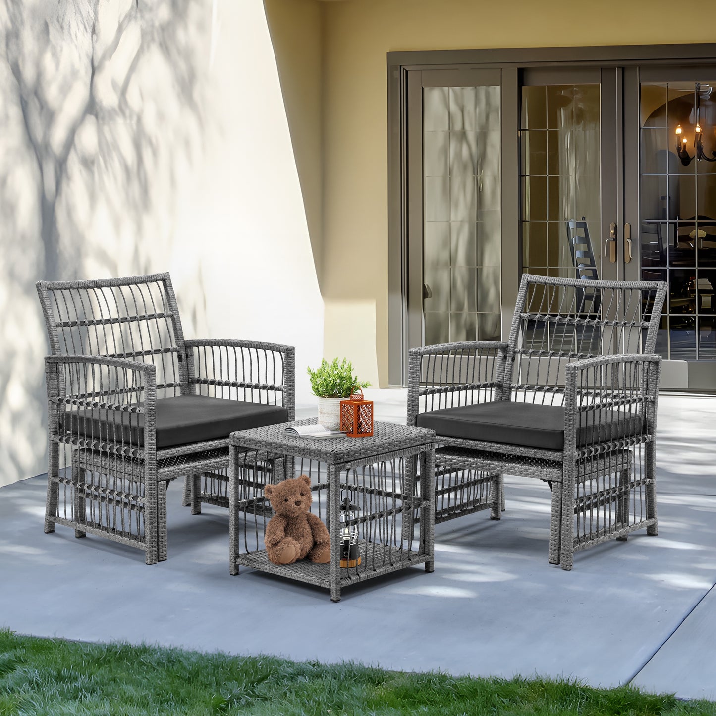 Wicker Patio Conversation Set, 5 Pcs Outdoor Sofa Set with Ottomans and Coffee Table, All-Weather Outdoor Furniture for Backyard Front Porch Deck Balcony, Brown Rattan+Gray Cushion