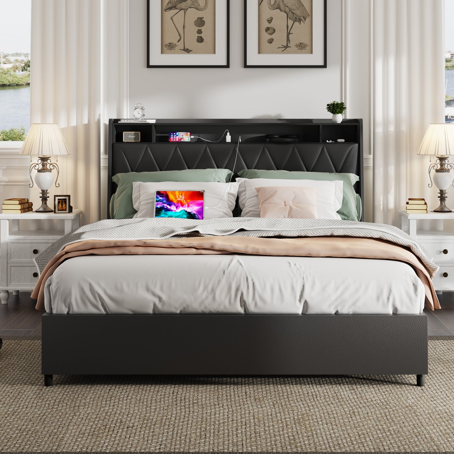 Full Bed Frame with Ergonomic Headboard, Metal & Wood Platform Bed with Charging Station and 4 Storage Drawers, Modern Full Size Upholstered Bed Frame, No Box Spring Needed, White