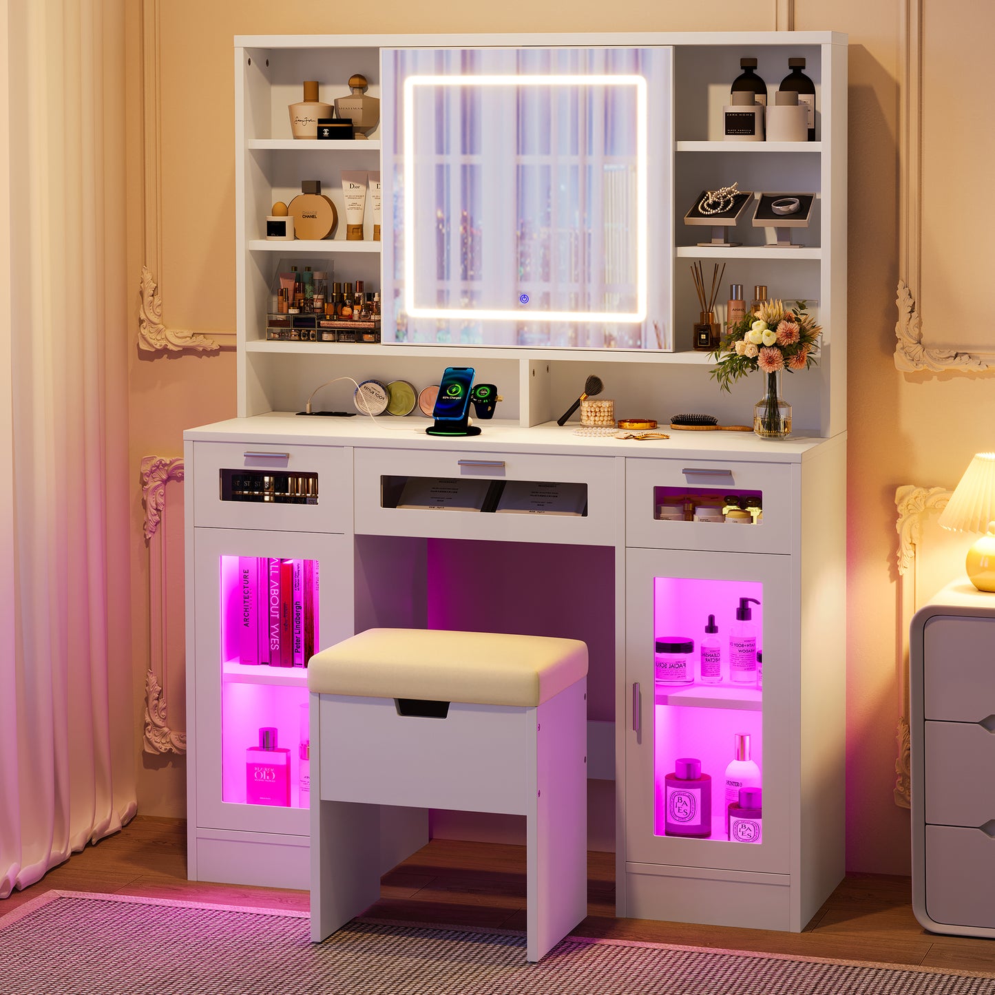 SESSLIFE Makeup Vanity Set with 3 Mode Lights and RGB Cabinet, 41.3" Dressing Table featuring a Sliding Mirror, Charging Station with AC/USB Ports, Multiple Storage Drawers, White
