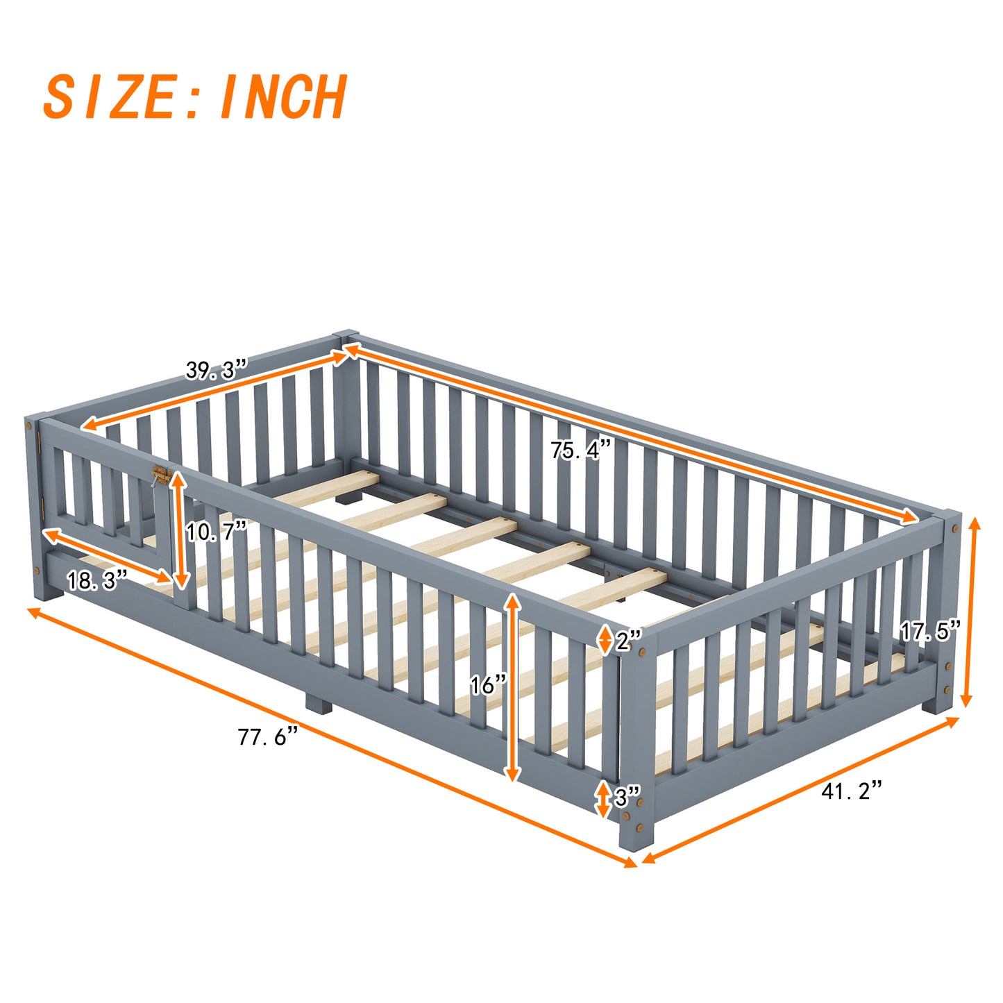 SESSLIFE Twin Size Floor Bed with Fence and Door, Wood Toddler Bed with Safety Guardrails and Slats, Montessori Bed, Twin Bed Frame for Kids, Boys, Girls, No Box Spring Needed, White