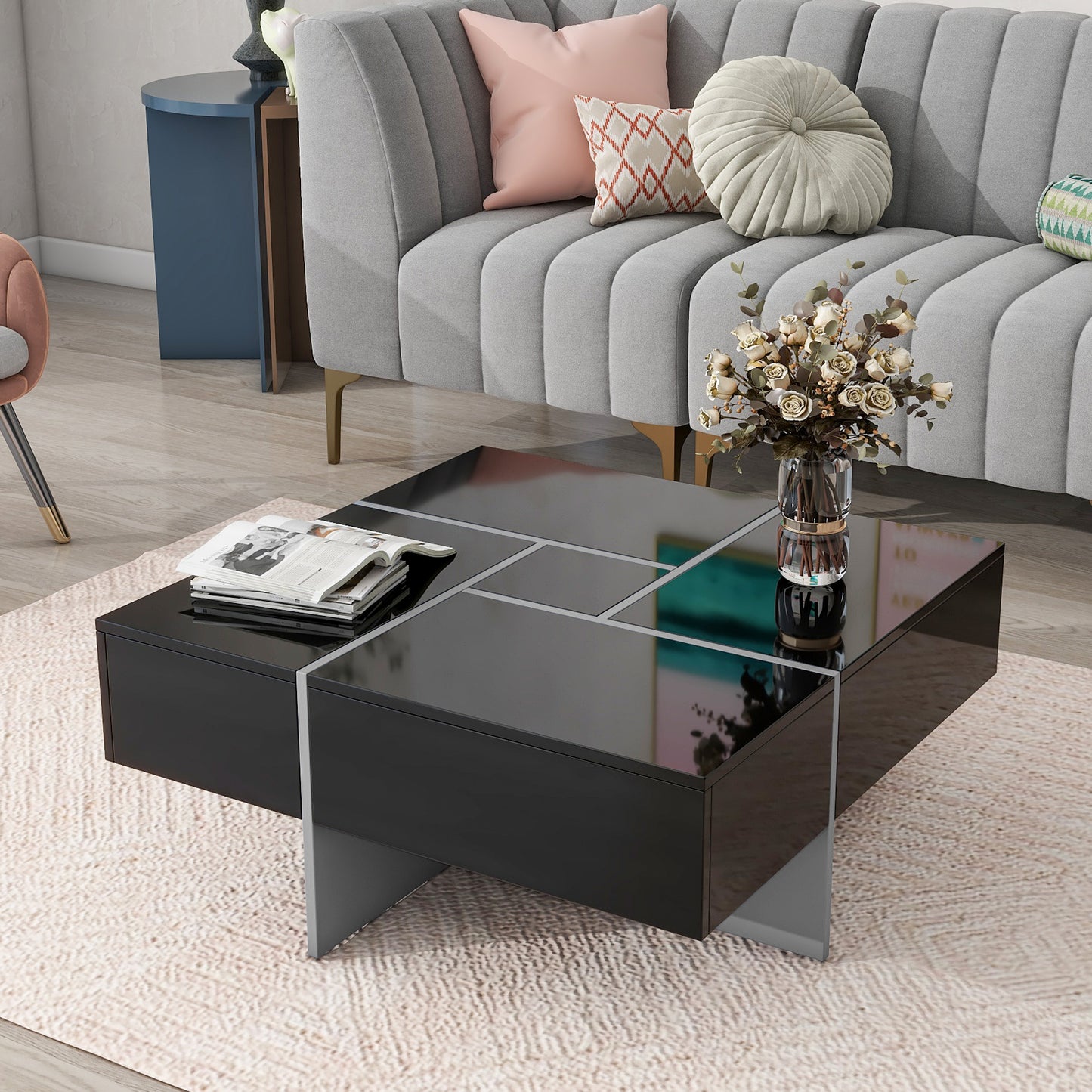 SESSLIFE Modern Coffee Table with Hidden Storage Compartments, Square Extendable Sliding Tabletop for Living Room, UV High-gloss Design Center Table, Black Finish