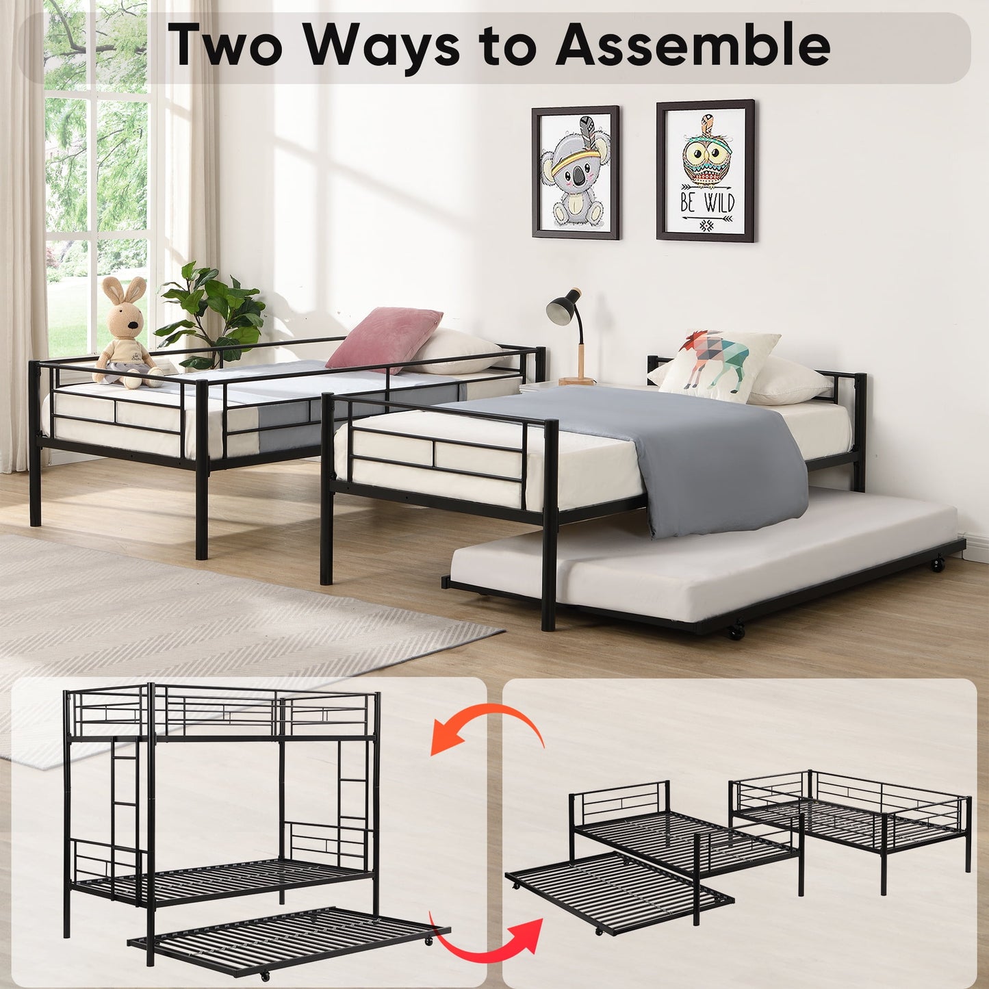 Twin Bunk Bed with Trundle, Metal Bed Frame Bunk Beds for Kids Teens Adult with Ladder and Safety Guardrails, Twin Over Twin Bunk Bed Can be Split into 3 Twin Bed, TE736