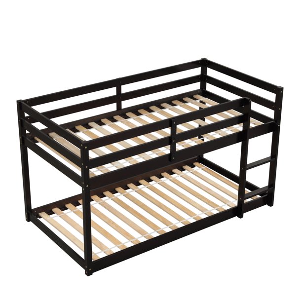 Sesslife Twin Over Twin Bunk Bed with Ladder, Solid Wood Floor Bunk Bed Frame with Slat & Guardrail, Espresso Platform Bed for Boys Girls Bedroom